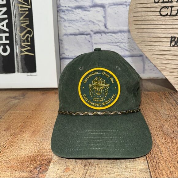 Smokey The Bear Hat Adult Snapback Green Baseball Cap Rope Patch 5 Panel - Picture 4 of 9
